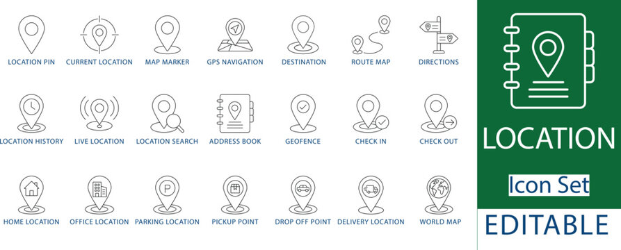 location pin and gps navigation line icon set featuring map marker, route direction, destination tracking, geofence, and delivery location UI interface icons.
