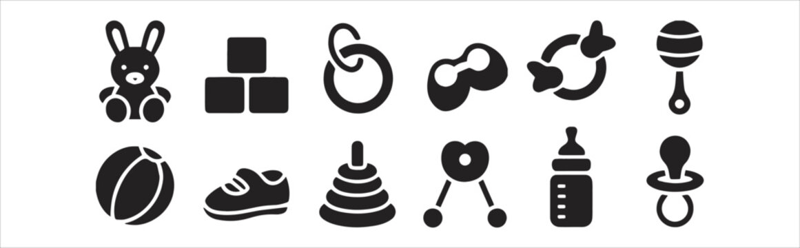 Baby Toys & Essentials Icon Set, black vector graphics for childcare and nursery designs