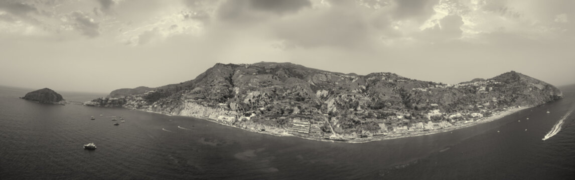High altitude aerial shot of SantAngelo and Maronti on Ischia island