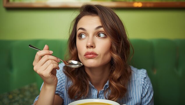 Image of a young attractive woman with a spoon, gazing curiously at an empty space, with pursed lips, in a restaurant against a green backdrop.