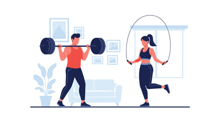 Man and woman work out at home with the man lifting a heavy barbell and the woman jumping rope in a cozy living room setting. © MS