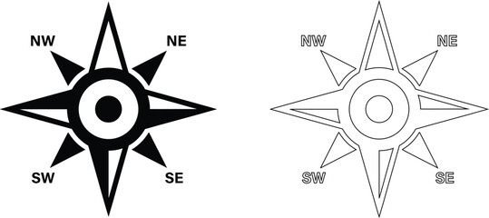 Solid black and linear outline compass rose icon set with navigation direction geography location © MST