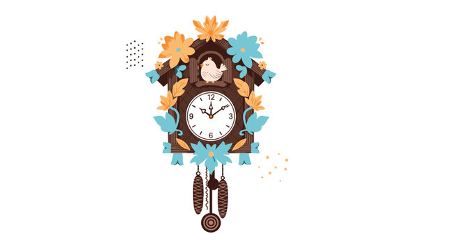 Traditional wooden cuckoo clock is decorated with blue flowers and autumn leaves, featuring a small bird in the top window.