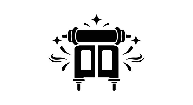 Black and white icon illustration of an open ancient Torah scroll with decorative sparkles.