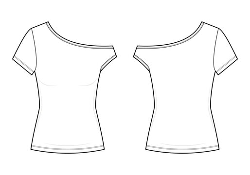 One Shoulder Asymmetric slim fit Top Technical Fashion Flat Sketch CAD Vector Template. Front and Back View Blank T-Shirt Mockup Design.