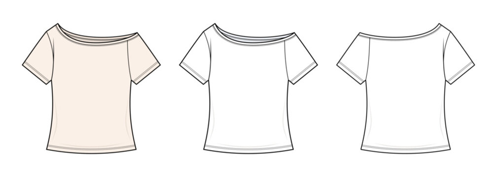 Women's Full Length Loose Fit One Shoulder Asymmetry Top Technical Fashion Flat Sketch CAD Vector Template. Front and Back View Blank Relaxed T-Shirt Mockup Design.
