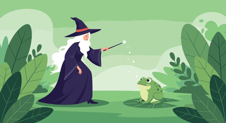 Wizard with long white hair casts a magic spell with a glowing wand on a green frog sitting on a lily pad in a lush forest. © MS