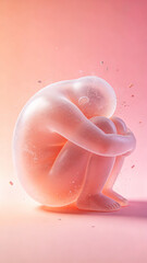 Fototapeta premium A translucent 3D human figure crouching in a fetal position soft pink background depression and mental health concept