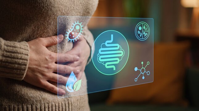 Close-Up Woman Hands Holding Stomach with Digestive Health Icons, Gut Wellness and Healthcare Technology Concepts, Probiotic Balance, Hydration, Nutrition Care