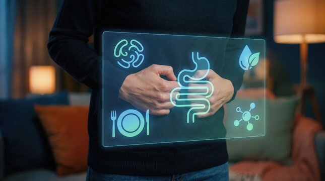 Close-Up Woman Hands Holding Stomach with Digestive Health Icons, Gut Wellness and Healthcare Technology Concepts, Probiotic Balance, Hydration, Nutrition Care