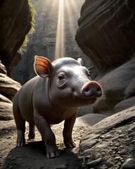 Naklejka premium A babirusa piglet pig hybrid fictional species, digitally created animal, in an ancient rune carved canyon