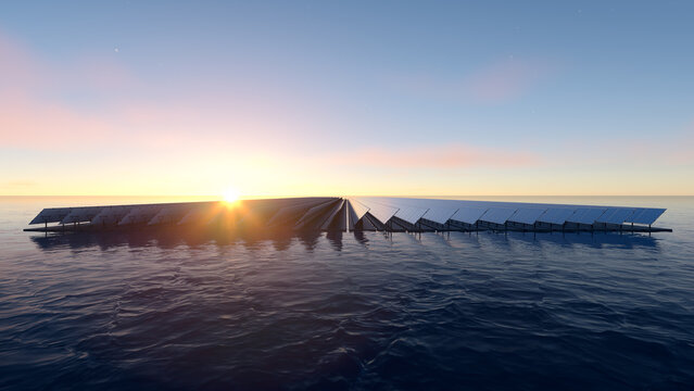 3D rendering, high-resolution floating solar farm on ocean with photovoltaic panel arrays reflecting sunrise across calm water. Represent utility-scale solar installation, environmental innovation.