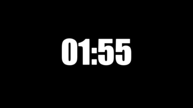 White digital clock numbers showing one minute and fifty seven seconds isolated on a solid black background for timing overlays