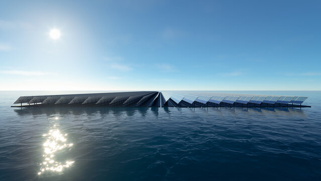 High-resolution 3D rendering of floating solar farm on ocean with photovoltaic panel arrays extending across calm water beneath bright sunlight and clear blue sky. Utility-scale renewable energy infra