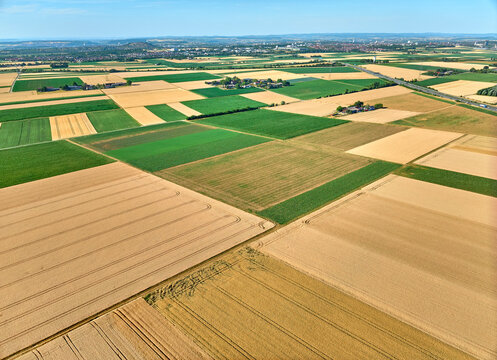 Aerial view of geometric grain and corn fields forming a colorful agricultural landscape with fertile farmland and rural patterns in summer. Langes Feld, Baden-W&uuml;rttemberg, Germany