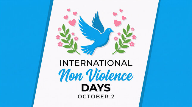 illustration design for International Non Violence Day on October 2nd. Features a flying blue dove surrounded by green branches, pink flowers, and hearts on a white and blue background.