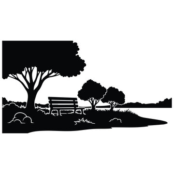 Riverside park bench silhouette illustration with trees grass and water vector graphic.