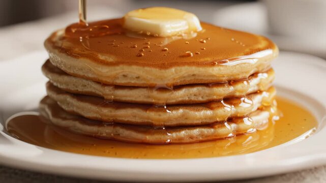 Slow Motion Maple Syrup Pouring Over Stack of Golden Pancakes with Melting Butter