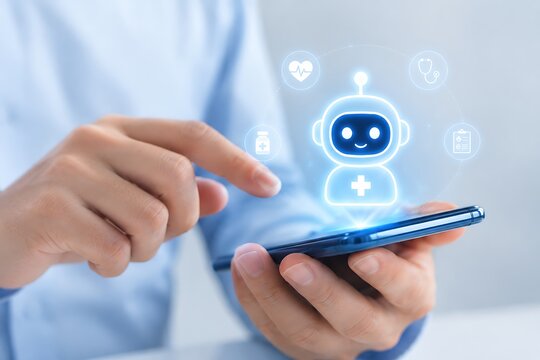 A person uses a smartphone to interact with a medical chatbot interface featuring health icons.