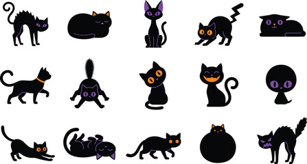Fototapeta premium Halloween black cat collection diverse poses expressions isolated on transparent background
