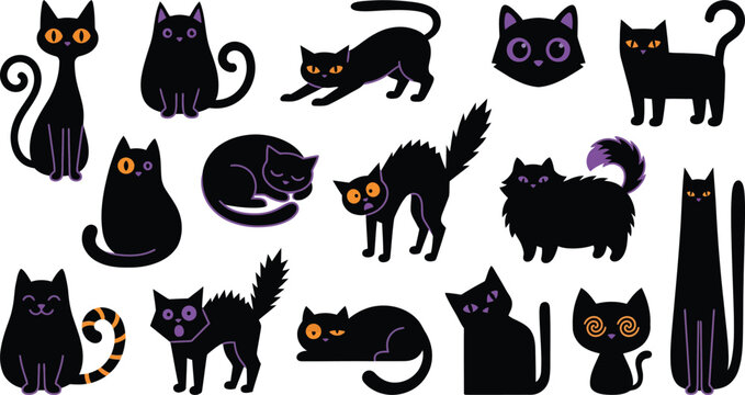 Halloween black cat collection spooky isolated feline graphics for october 31st
