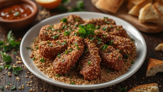 Deep-fried beef liver coated in wheat bran, known as Kebda Bel Rada, garnished with parsley; a nutritious dish rich in iron and minerals.