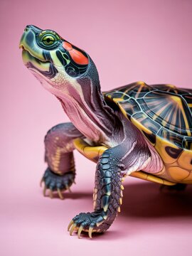 Red-eared slider turtle portrait on a solid pastel pink studio background with wildlife background portrait terrapin freshwater creature.