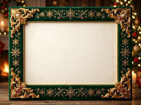 Festive green velvet gold frame decorated with snowflakes for north america holidays.