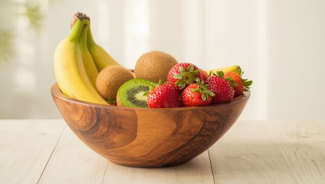 A bowl of assorted fruits on a light wooden table. Fruits consist of yellow bananas, green and brown kiwis, red strawberries, and red lychees.