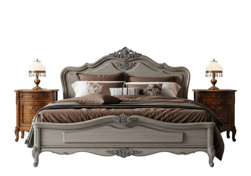 Ornate wooden bed frame with bedside tables and lamps.