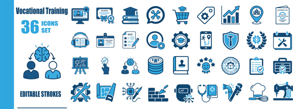 Vocational Training Duotone Line Icon Set - Flat Vector Career Development Symbols, Technical Education Badges, E-Learning Platforms, and Trade Skills UI Interface Signs