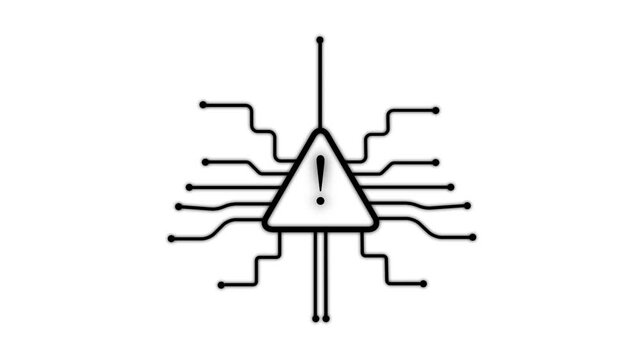Black warning triangle with digital circuit board lines extending outwards on a white background representing a technical system alert notification