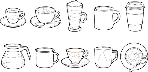 Obraz premium Coffee varieties collection hand drawn sketch style beverage illustrations
