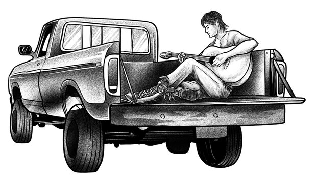 Man playing acoustic guitar on the back of a pickup truck dotwork illustration isolated on black background