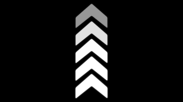 A vertical stack of five white chevron arrows pointing upwards with a gradient effect isolated on a black background for user interface