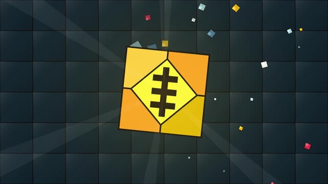 Animated Railway Crossing Warning Sign with Floating Pixel Particles
