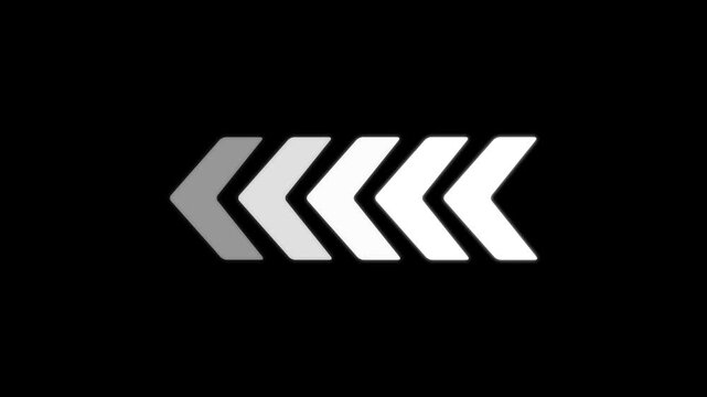 Horizontal row of five chevron arrows pointing to the left with a gradient from light gray to dark gray against a solid black background