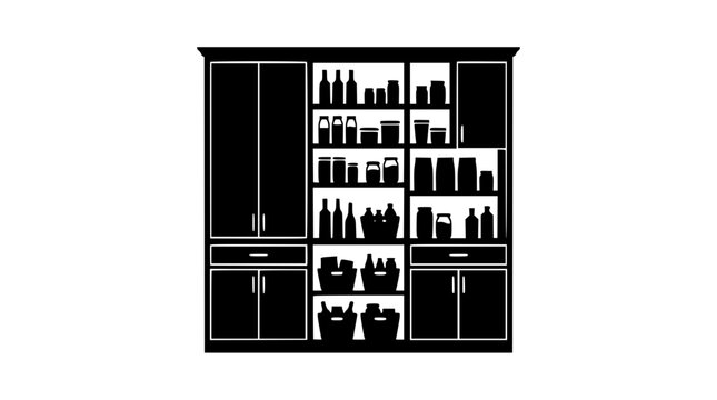 Black and white silhouette of a kitchen pantry cabinet with food storage jars
