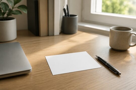 notecard. Minimalist office desk with a blank notecard and pen, bathed in soft morning light from the window. lifestyle magazines.