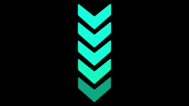 Vertical column of five chevron arrows pointing downwards with a gradient from bright cyan to dark teal against a solid black background