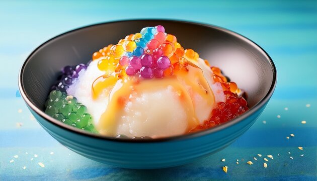 shaved ice dessert topped with custard pudding colorful syrups and chewy tapioca pearls sweet cold treat in a bowl