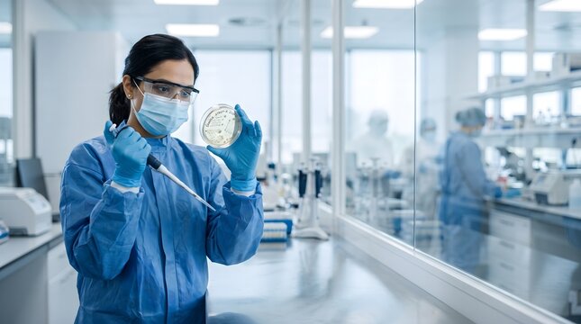 Female scientist examining petri dish with pipette in sterile laboratory