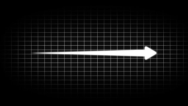 Bright neon white arrow pointing to the right on a dark black grid background with thin white lines forming a square pattern across the entire frame