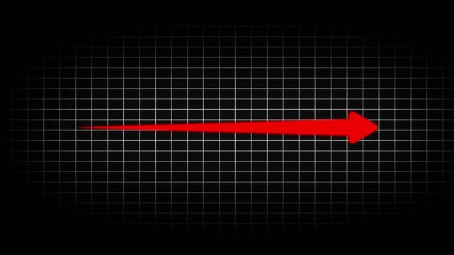 Bright neon red arrow pointing to the right on a dark black grid background with thin white lines forming a square pattern across the entire frame