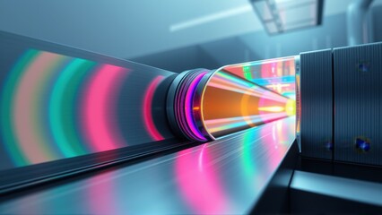 Fototapeta premium Futuristic tunnel, vibrant colors radiate. Light beams travel through metallic structure. High tech, sleek design dominates scene.
