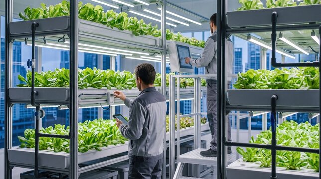 Agricultural engineers monitoring vertical farming hydroponic lettuce growth using digital tablets and control systems in indoor urban greenhouse facility