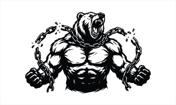 Angry bear breaking steel chains vector silhouette illustration design , angry bear silhouette vector, bear breaking chains, bear breaking steel chains silhouette, powerful bear vector, roaring bear