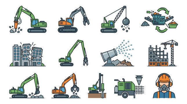 Corporate Set of Heavy Construction Machinery and Demolition Equipment in Green and Gray Flat Design