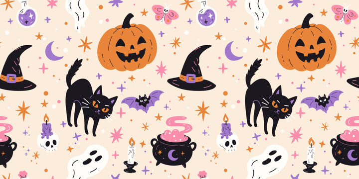 Halloween seamless pattern with jack pumpkin, ghost, black cat, witch hat, potions and cauldron. Vector illustration in cartoon style