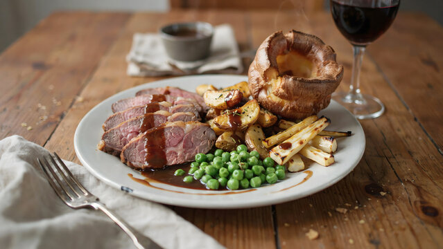 A traditional Sunday roast dinner with sliced beef, vegetables, and Yorkshire pudding
